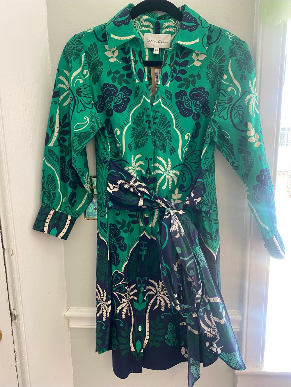 Cara Cara Green Printed 3/4 sleeve Shirt Dress with green ..Navy & Cream Accents